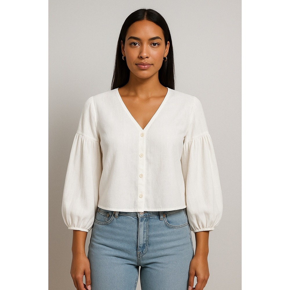 ALEXIS Blouse Top White Balloon‎ Sleeve V Neck Button Front Womens Small